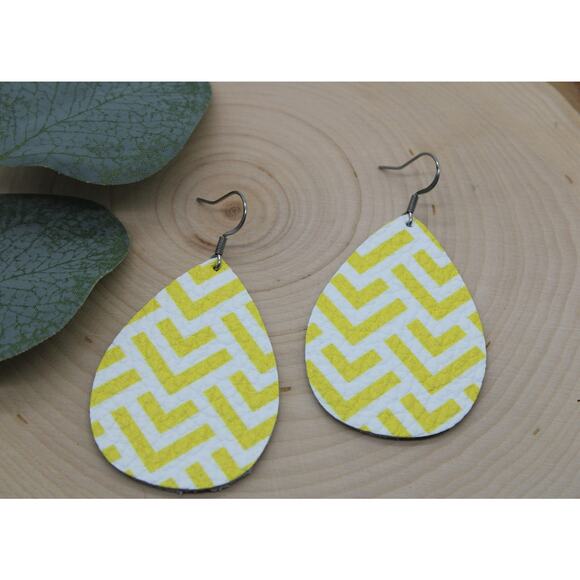 Lightweight Genuine Leather White and Yellow Teardrop Earrings - Picture 2 of 3